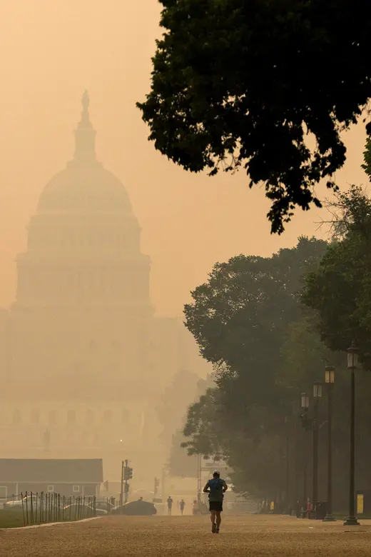 Haze and smoke from the recent Canadian wildfires shroud the skies over the Capitol in Washington, D.C.